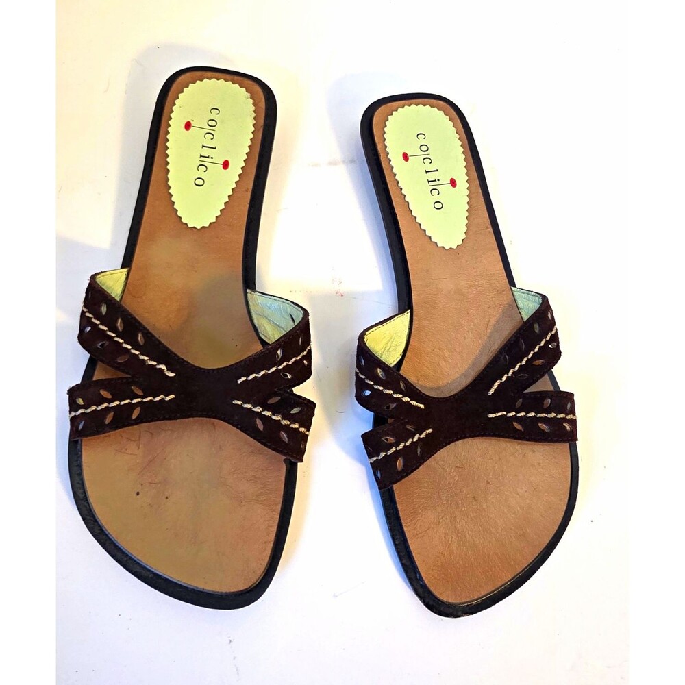 Coclico Spanish Leather Dark Brown Suede Cutout Slide Flat Sandals EU 37 US 6.5